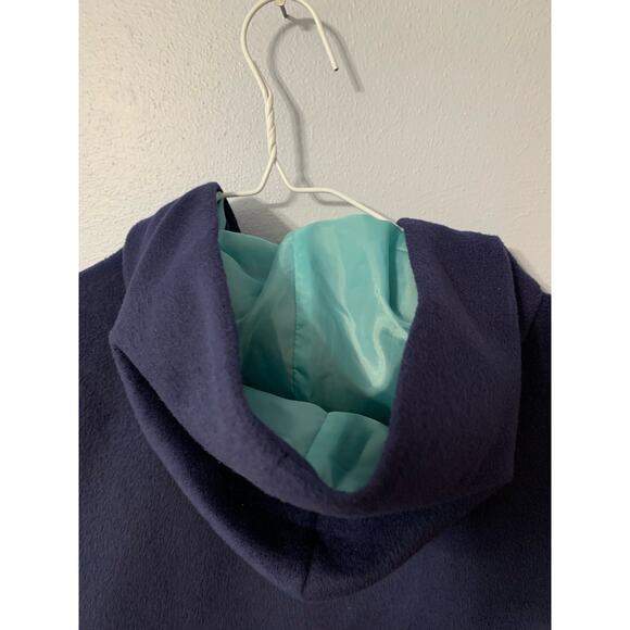 Chico's Hooded Faux Wool Coat Navy Blue With Teal Lining Mid Length Sz 1 (S) - Picture 9 of 16